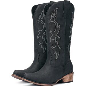 Women 's Matte black Embroidered Cowgirl Fashion  Chunky Heel Western Boots